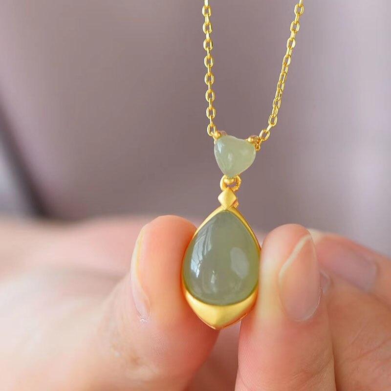 Silver Inlaid Natural Jade Pendant Necklace Vintage Retro Style Brand Jewelry