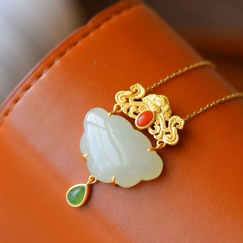 Silver Inlaid Pendant Natural Fine White Jade Butterfly Vintage Retro Women's Pendant Necklace