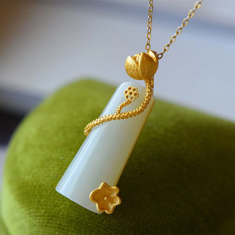 Silver Natural Fine White Jade Inlaid Lotus Pendant Necklace Vintage Retro Women Brand Jewelry