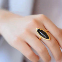 Load image into Gallery viewer, Silver Natural Black Agate Horse Eye Gilt Craft Opening Adjustable Size Female Ring
