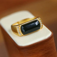 Load image into Gallery viewer, Silver Inlay Natural Black Agate Retro Men and Women Couples Adjustable Ring
