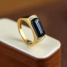 Load image into Gallery viewer, Silver Inlay Natural Black Agate Retro Men and Women Couples Adjustable Ring
