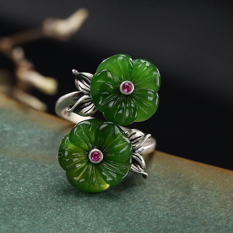 Lokaloca Natural Jade Plum Blossom Open Adjustable Ring