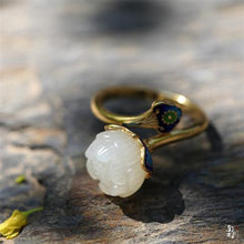 Load image into Gallery viewer, Sterling Silver Jewelry Handmade Fine Jade Lotus  Vintage Style Female Open Gem Ring
