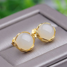 Load image into Gallery viewer, Inlaid Natural Fine Jade Lotus Earrings Female  Cute Charm Small Delicate Women&#39;s Brand Jewelry
