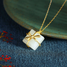 Load image into Gallery viewer, Silver Inlaid Natural Fine White Jade Bow Gift Box Shape Pendant Necklace Lovely Women&#39;s Brand Jewelry
