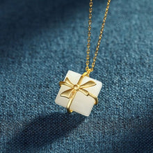 Load image into Gallery viewer, Silver Inlaid Natural Fine White Jade Bow Gift Box Shape Pendant Necklace Lovely Women&#39;s Brand Jewelry
