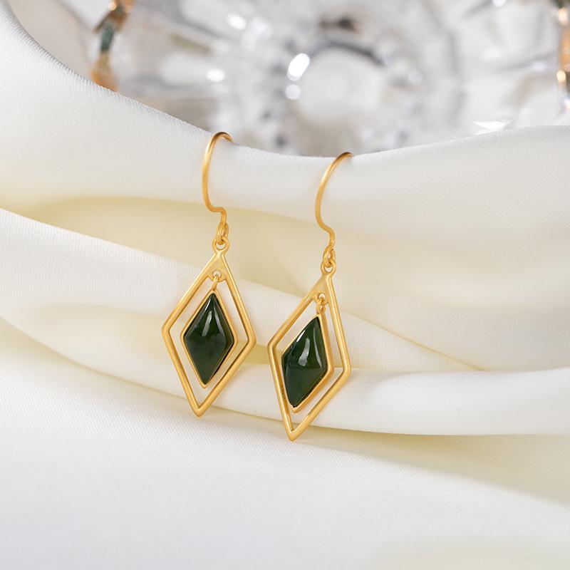 Silver Inlaid Natural Fine Jade Earrings Geometric Women's Brand Jewelry