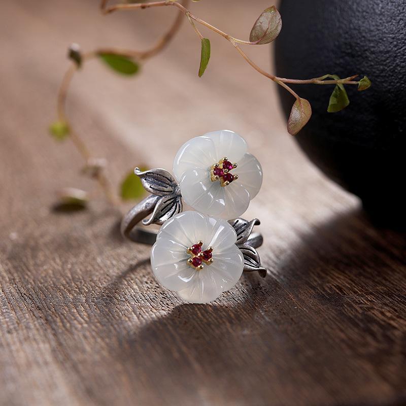 Silver Inlaid Fine Jade Flowers Vintage Style Retro Craftsmanship Charm Ladies Ring