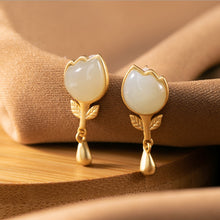 Load image into Gallery viewer, Lokaloca Silver Inlaid Jade Tulip Rose Earrings
