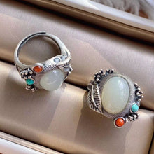 Load image into Gallery viewer, Silver Inlaid Fine White Jade Chalcedony Ring Retro Vintage Style Opening Adjustable Women Jewelry
