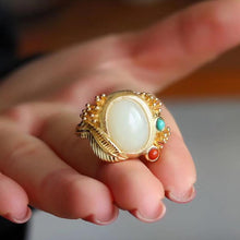 Load image into Gallery viewer, Silver Inlaid Fine White Jade Chalcedony Ring Retro Vintage Style Opening Adjustable Women Jewelry
