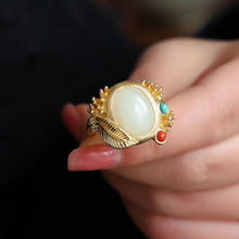 Load image into Gallery viewer, Silver Inlaid Fine White Jade Chalcedony Ring Retro Vintage Style Opening Adjustable Women Jewelry
