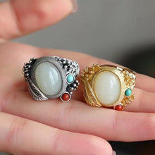 Load image into Gallery viewer, Silver Inlaid Fine White Jade Chalcedony Ring Retro Vintage Style Opening Adjustable Women Jewelry
