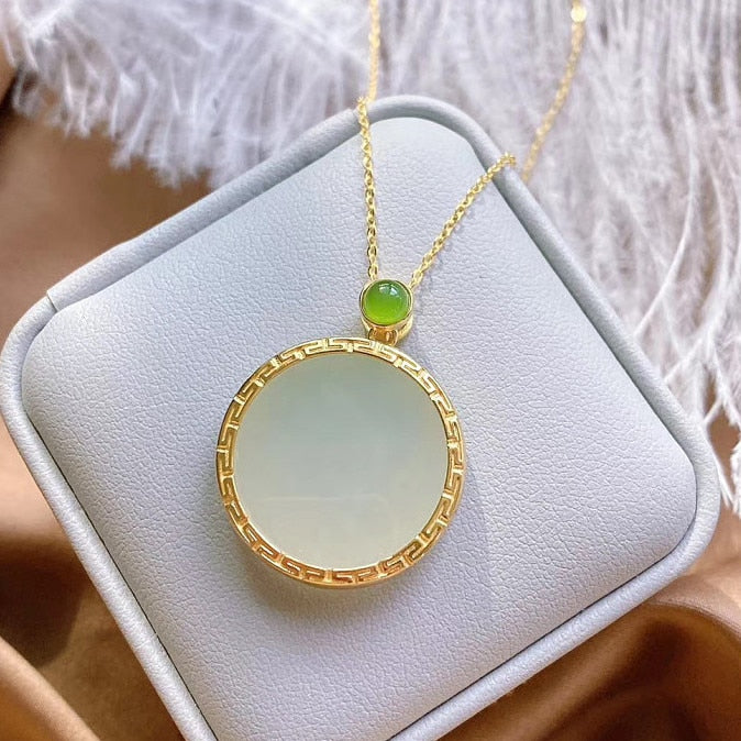 Silver Inlaid Natural Fine Jade Round Pendant Necklace Niche Design Craft Retro Charm Women Brand Jewelry