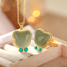 Load image into Gallery viewer, Silver Inlaid Natural Fine Jade Cute Bear Pendant Necklace Pendant Rings Women&#39;s Brand Jewelry Set
