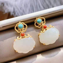 Load image into Gallery viewer, Silver Inlaid Natural Fine White Jade Earrings Retro Charm Senior Women&#39;s Brand Jewelry
