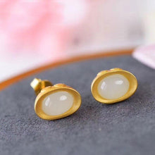 Load image into Gallery viewer, Silver Inlaid Natural Fine White Jade Earrings Vintage Style Retro Style Opening Adjustable Women&#39;s Jewelry
