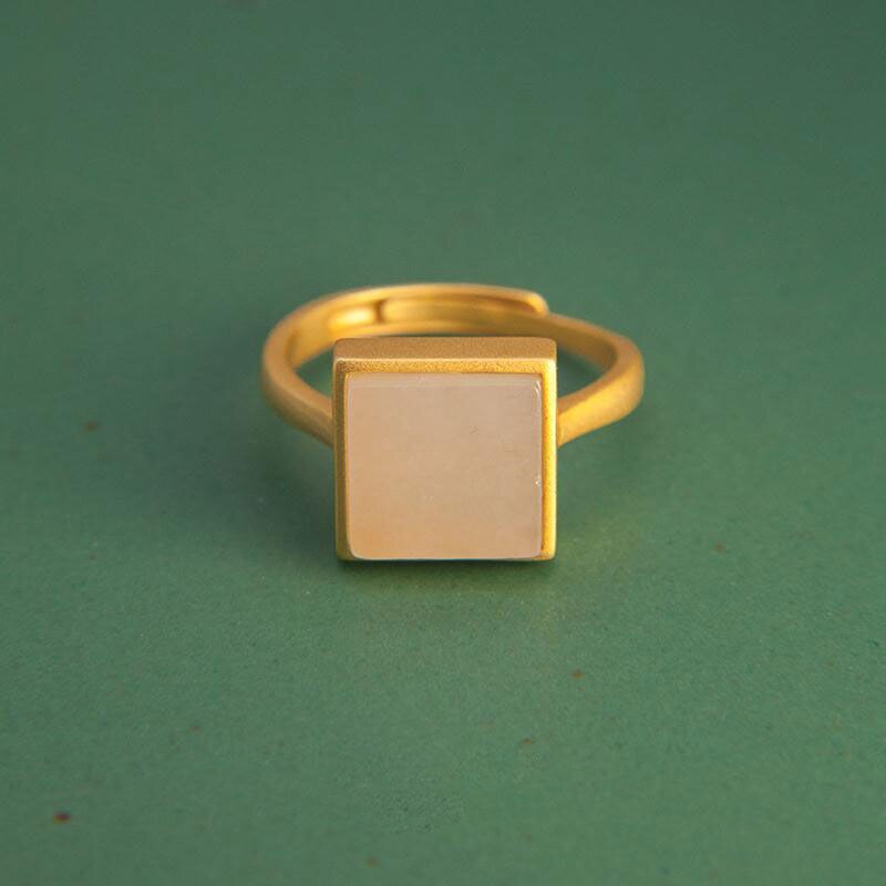 Silver Inlaid Natural White Chalcedony Square Niche Design Retro Charm Opening Adjustable Ring