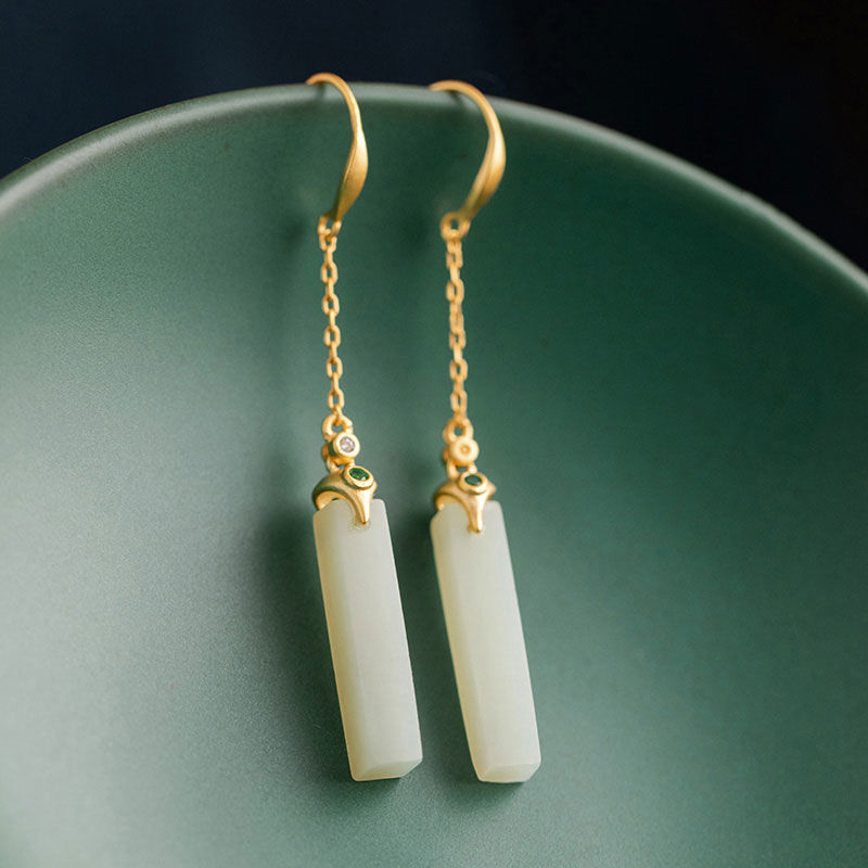 Silver Natural Fine White Chalcedony Long Earrings Vintage Retro Style Women's Brand Jewelry