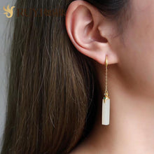 Load image into Gallery viewer, Silver Natural Fine White Chalcedony Long Earrings Vintage Retro Style Women&#39;s Brand Jewelry
