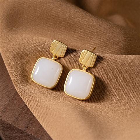 Lokaloca Silver Natural Fine White Jade Square Earring