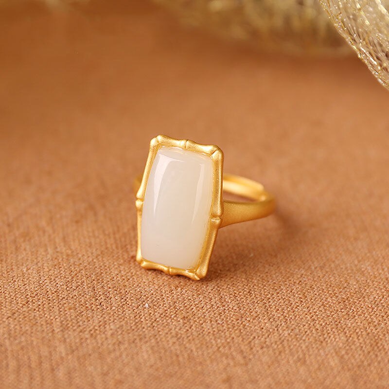 Lokaloca Silver Natural Fine White Jade Open Adjustable Ring