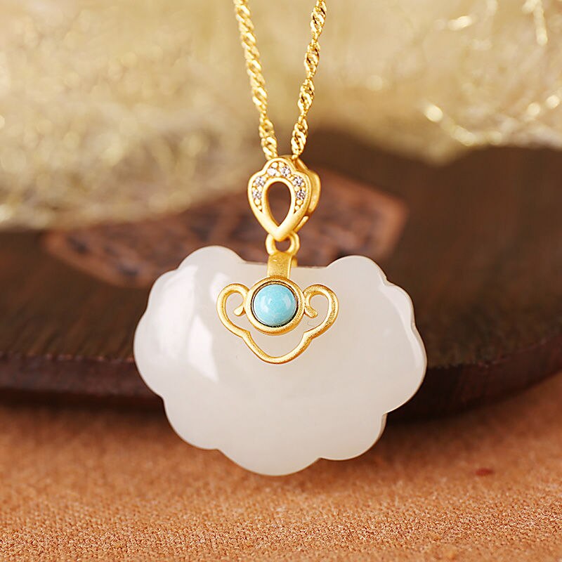 Silver Natural Fine Jade Vintage Retro Pendant Necklace Golden Craft Women's Jewelry