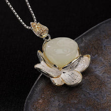 Load image into Gallery viewer, Silver Natural Inlaid Fine White Jade Lotus Women&#39;s Antique Pendant Necklace
