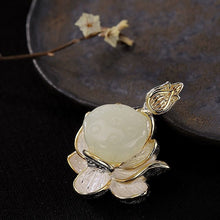 Load image into Gallery viewer, Silver Natural Inlaid Fine White Jade Lotus Women&#39;s Antique Pendant Necklace
