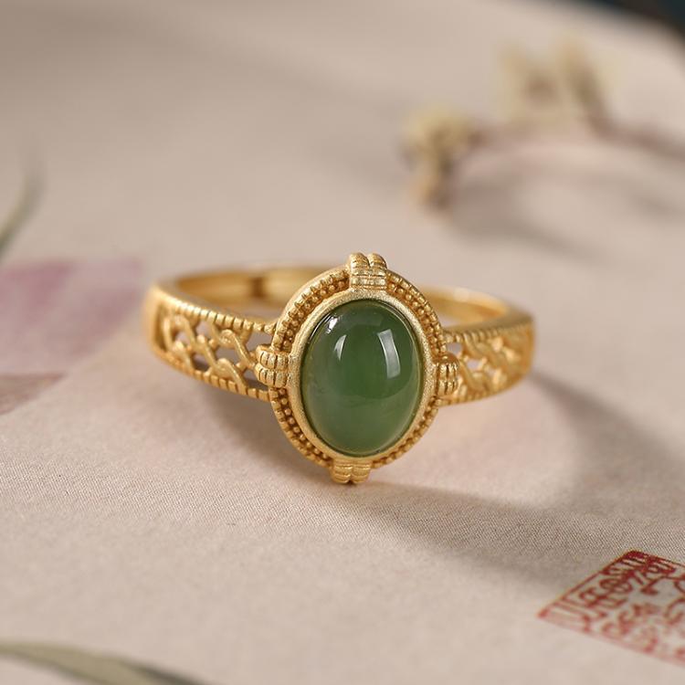 Lokaloca Silver Natural Jade Jasper Oval Adjustable Ring