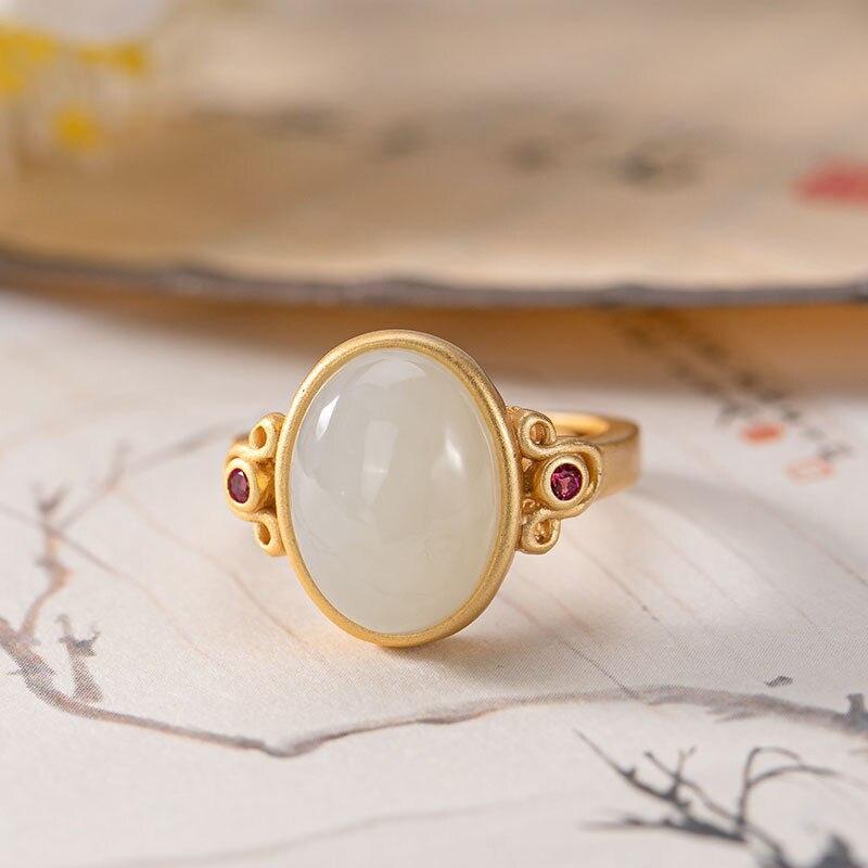 Silver Natural White Jade Oval Ring Craftsmanship Vintage Retro Opening Adjustable Women's Brand Jewelry