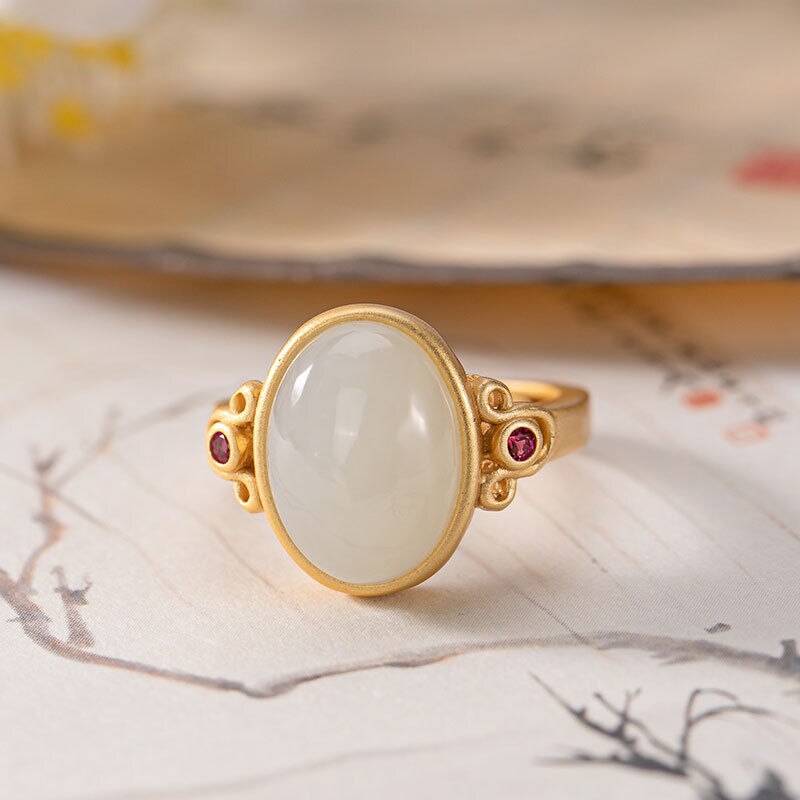 Silver Natural Jade Oval Ring Craftsmanship Vintage Retro Opening Adjustable Women's Brand Jewelry