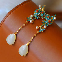 Load image into Gallery viewer, Silver Inlaid Fine White Jade Retro Ethnic Vintage Enamel Plant Drop Earrings Women Brand Jewelry
