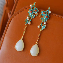 Load image into Gallery viewer, Silver Inlaid Fine White Jade Retro Ethnic Vintage Enamel Plant Drop Earrings Women Brand Jewelry
