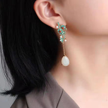 Load image into Gallery viewer, Silver Inlaid Fine White Jade Retro Ethnic Vintage Enamel Plant Drop Earrings Women Brand Jewelry
