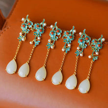 Load image into Gallery viewer, Silver Inlaid Fine White Jade Retro Ethnic Vintage Enamel Plant Drop Earrings Women Brand Jewelry
