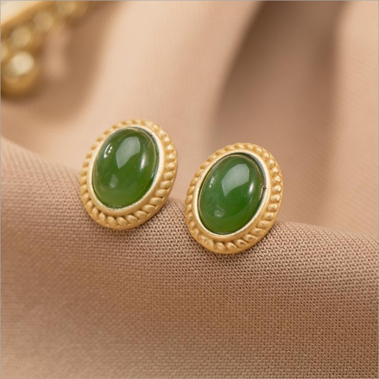 Sterling Silver Inlaid Natural Fine Jade Earrings Oval Niche Design Cute Craftsmanship Women Brand Jewelry