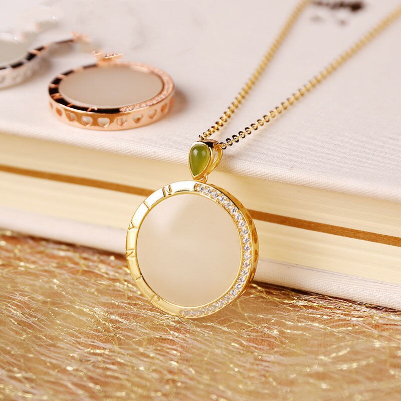 Silver Inlaid Natural Fine White Jade Pendant Necklace Creative Round Niche Design Women's Brand Jewelry