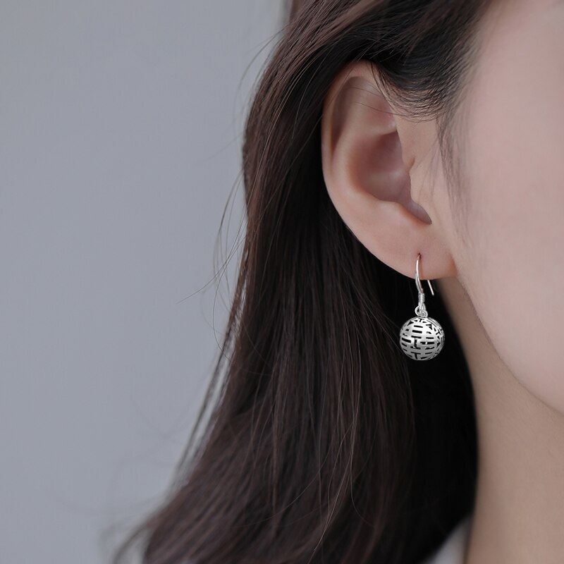 Silver Vintage Retro Round Hollow Lucky Earrings Women's Luxury Elegant Jewelry