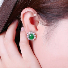 Load image into Gallery viewer, Lokaloca Natural Green Chalcedon Jade Blossom 925 Silver Jewelry Stud Earrings
