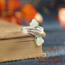 Load image into Gallery viewer, Silver Inlaid Natural Fine White Jade Flower Opening Adjustable Ring Vintage Retro Little Fairy Brand Jewelry
