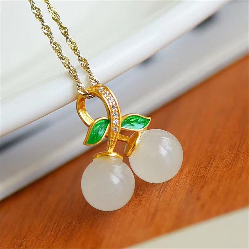 Silver Natural Fine Jade Cherry Pendant Necklace