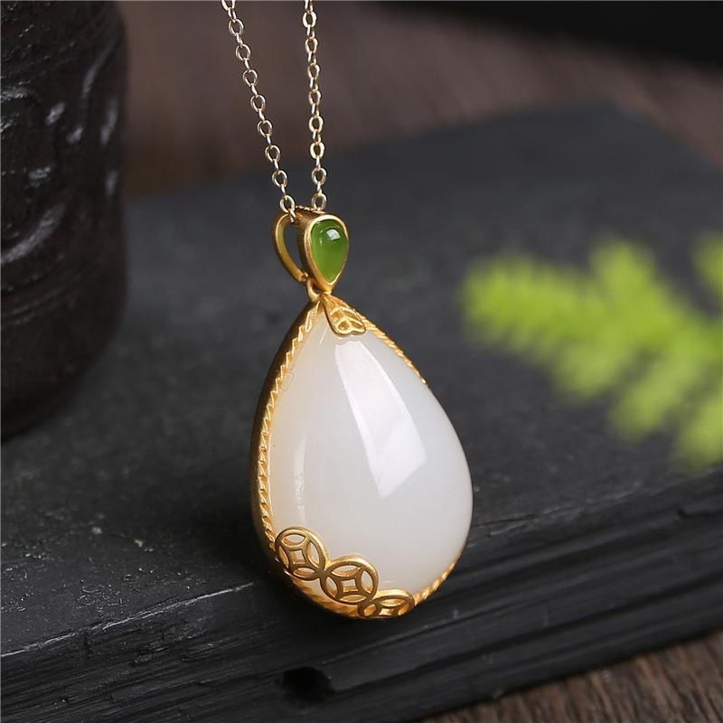 Silver Natural White Jade Drop Shaped Pendant Necklace