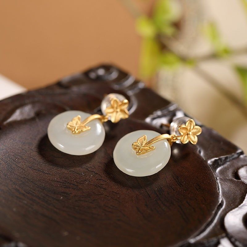 Silver Craftsmanship Inlaid Natural Fine Jade Butterfly Flower Earrings Luxury Cute Romantic Girl Jewelry