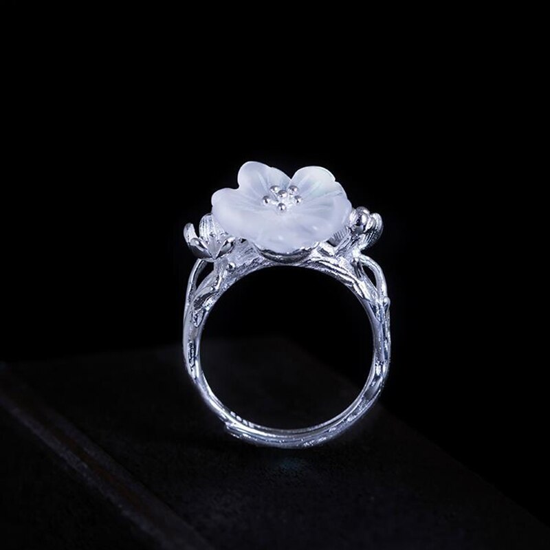 Silver Inlaid Crystal Plum Blossom Opening Adjustable Ring Vintage Elegant Charm Ladies Jewelry