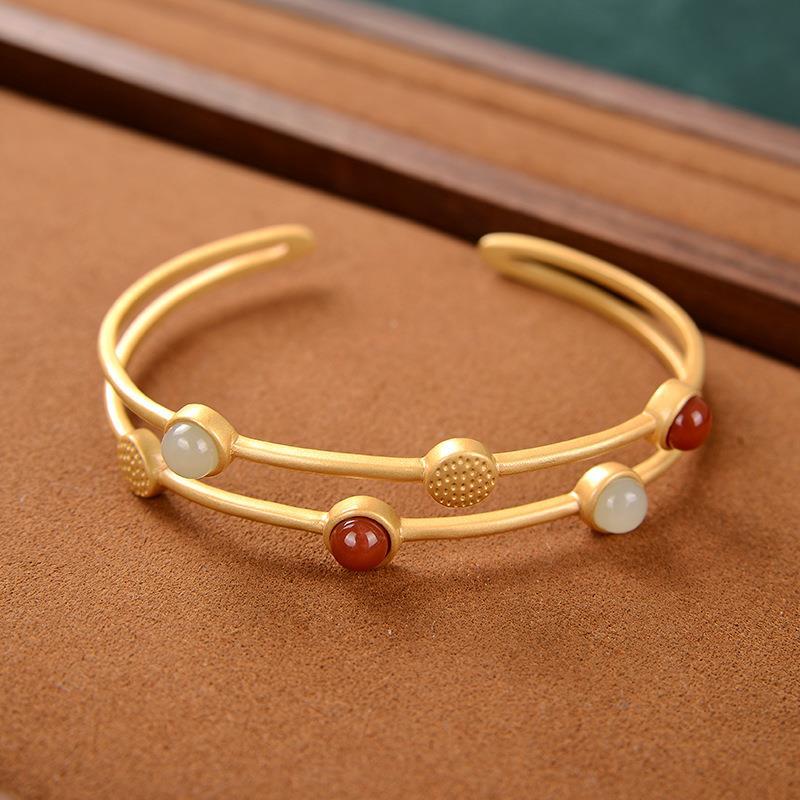 Silver Inlaid Natural Fine Southern Red Agate White Chalcedony Double-layer Bracelet Vintage Retro Charm Female Jewelry