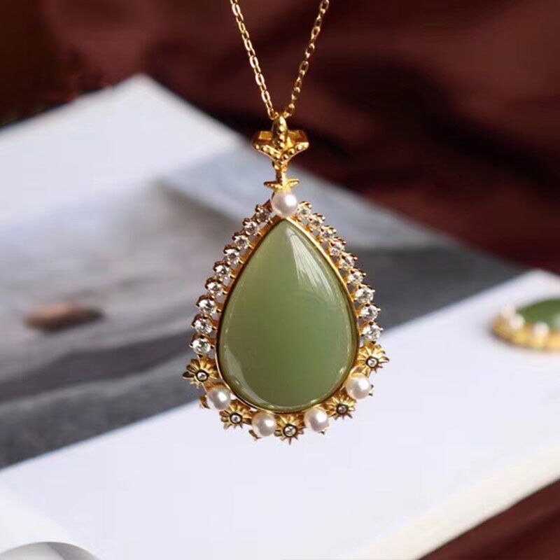 Silver Inlaid Natural Fine Jade Drop Shaped Pendant Necklace Luxury Unique Women's Brand Jewelry