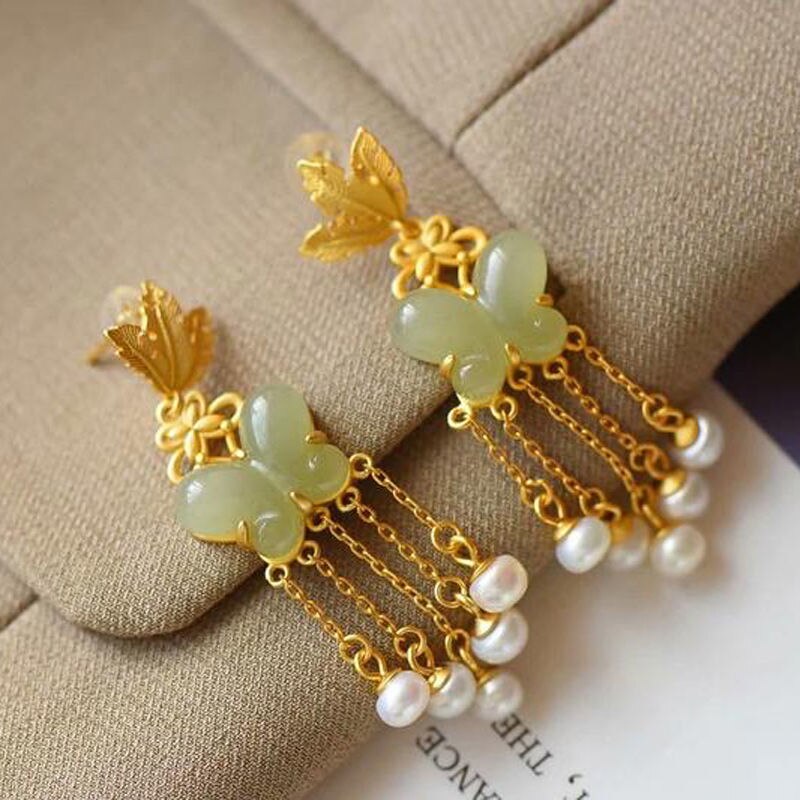 Silver Inlaid Natural Fine Chalcedony Butterfly Tassel Earrings Vintage Luxury Unique Women's Brand Jewelry