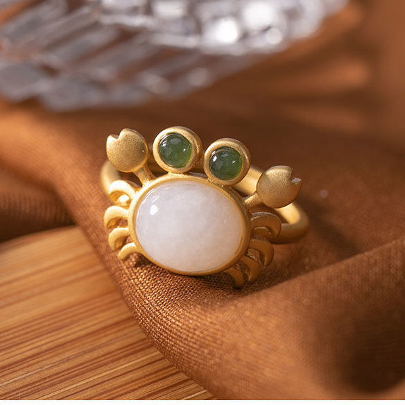 Silver Inlaid Natural Fine White Jade Crab Opening Adjustable Ring Vintage Retro Cute Women's Brand Jewelry